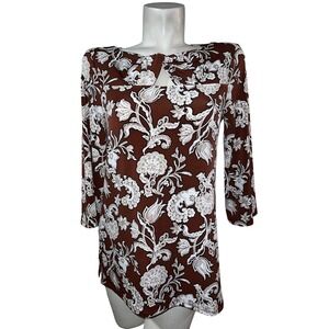 Chico's Brown White Floral Paisley Twist Keyhole Neck 3/4 Sleeve Tunic Top S (0)